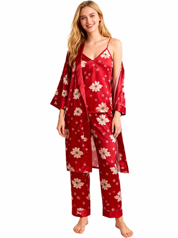 Silky Satin 3-Piece Red Nightwear Set in Midnight Romantic Style