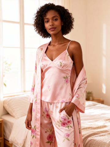 Chic 3-Piece Satin Nightwear Set Featuring Pink Floral Motifs