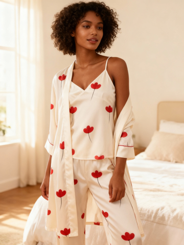 Romantic Floral Print Feminine Satin Pajama Trio