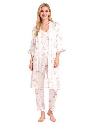 Silky Satin 3-Piece Nightwear Set with Watercolor Florals Design