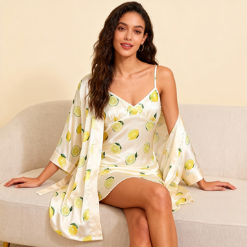 Satin Robe & Nightgown Set - Lemon Pattern Printed