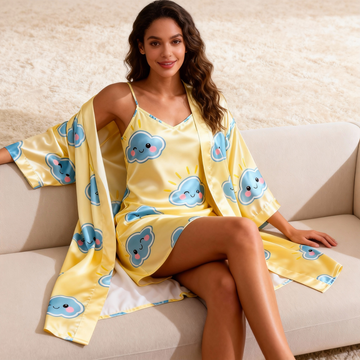 Summer Satin Robe & Nightgown Set - Cartoon Cloud Pattern Printed
