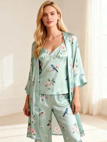 Women's 3-Piece Satin Floral Print Pajama Set