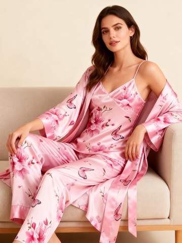 Women's 3-Piece Pink Elegant Floral Satin Lounge Outfit