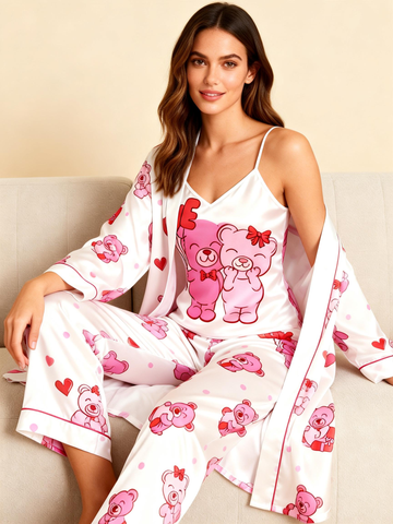 Women’s Elegant Pajama Lounge Set – Satin Robe, Cami, Pants