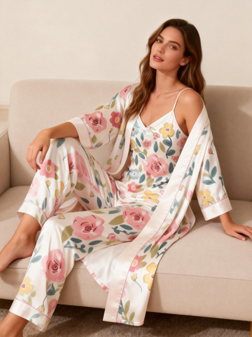 Satin 3 PCS Sleepwear Set – Women’s Vintage Floral