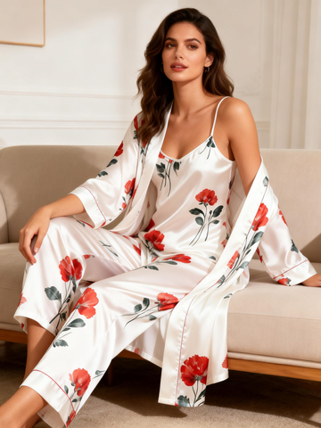 Women's 3-Piece Red Dreamy Floral Satin Loungewear