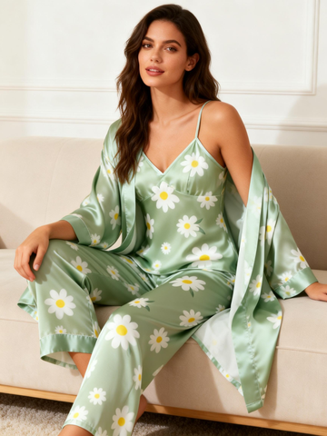 Women’s Satin Pajama Set – 3 Pieces Floral Print
