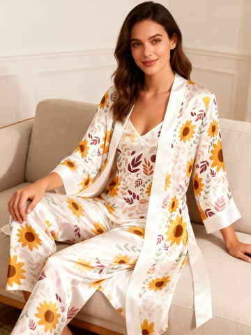 Satin Sleep Set – Women’s 3 PCS Sunflower Lounge