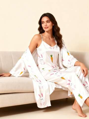 Women’s Cute Rabbit Pajama Set – Satin Robe, Camisole & Pants
