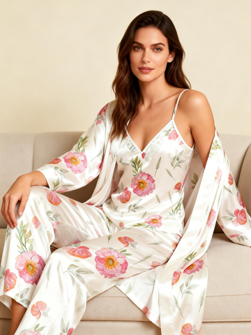 Women's 3-Piece Pink Floral Satin Loungewear