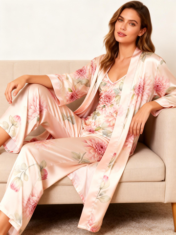 3-Piece Satin Nightwear – Women’s Garden Flower Print