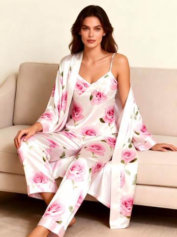 Satin Lounge Set – Women’s Long Robe, Sleeveless Top & Relax Fit Pants