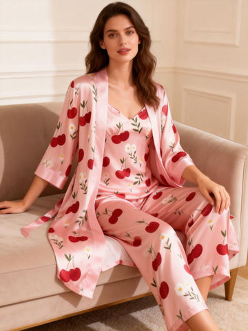 3-Piece Satin Nightwear – Cherry Print