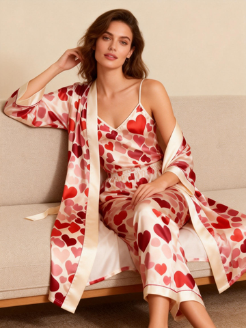 Women's 3pcs Romantic Heart Satin Sleepwear