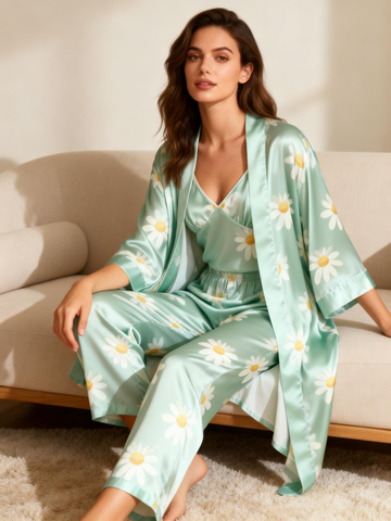Women’s Pajama Set – Satin 3-Piece Daisy Style