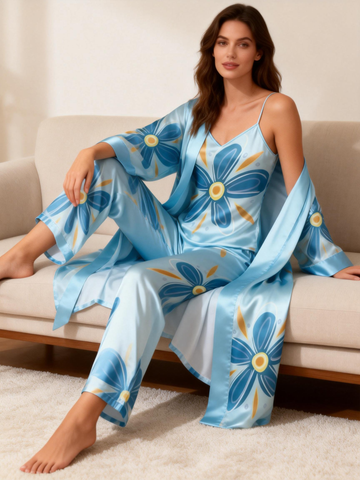 Satin 3 PCS Lounge Set – Women’s Abstract Floral