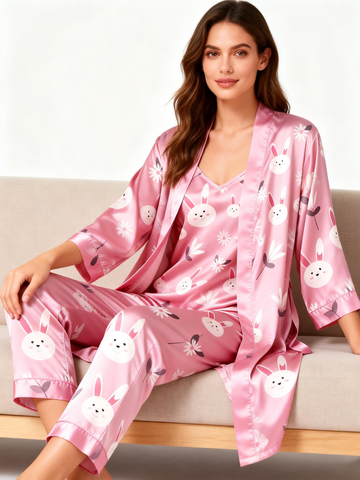 Women's 3pcs Rabbit Satin Sleepwear