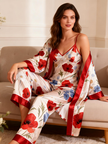 Women's Silk-Look Pajamas – 3-Piece Satin Set with Bright Floral Prints