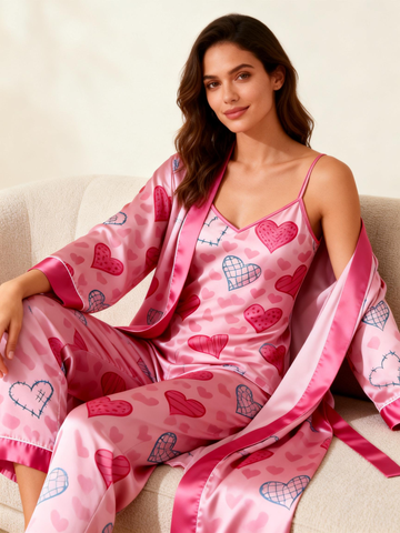 Satin 3 PCS Sleepwear – Women’s Heart Print Pajama Set with Long Robe