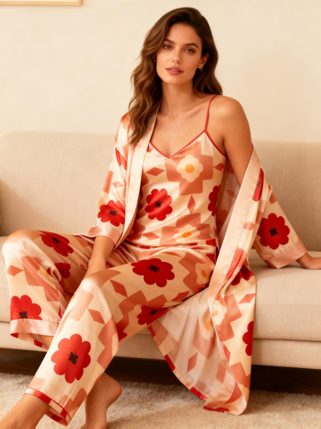 Satin Sleep Set – Women’s 3 PCS Floral Lounge