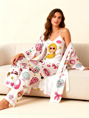Chic Satin Nightwear – Women’s 3 PCS Robe, Cami, Pants