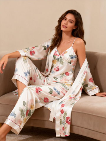 Women's Luxury Satin Pajama Set – 3-Piece Flower Design Robe & Lounge Pants