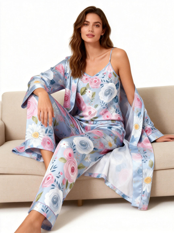 Women’s 3-Piece Floral Satin Sleep Set