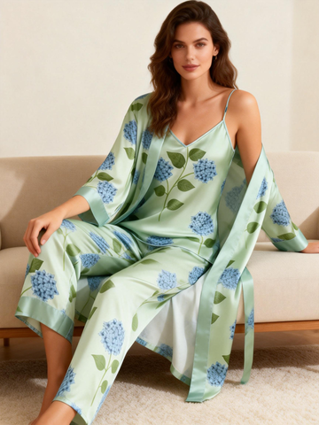 3-Piece Satin Nightwear – Hydrangea Print