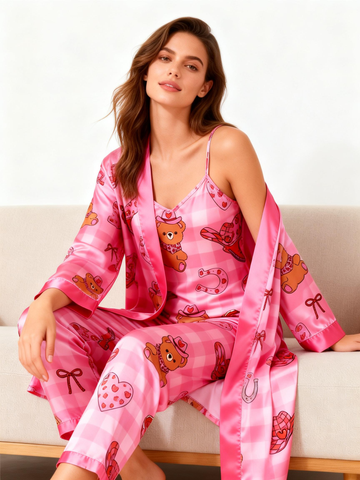 Women’s Elegant Satin Hot Pink Pajama Lounge Set