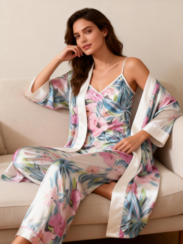 3-Piece Satin Sleepwear Set for Women – Flower Design