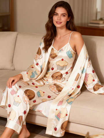 Women’s Cute Dog Pajama Set – Satin Robe, Camisole & Pants