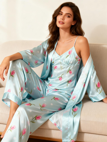 Women's 3-Piece Pink Floral & Polka Dots Loungewear