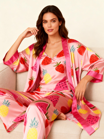 Women’s 3-Piece Satin Watermelon and Pineapple Sleepwear Set