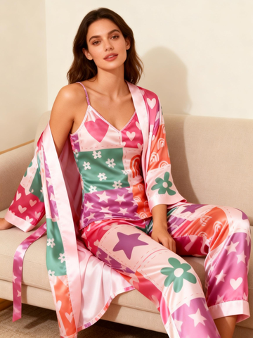 Luxury Satin Pajama Set – 3 PCS Long Robe, Camisole & Pants