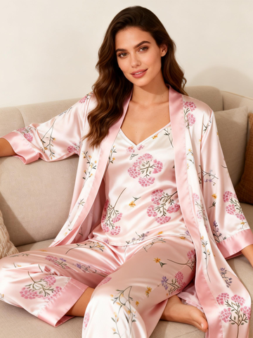 Women's 3-Piece Pink Garden Bloom Satin Loungewear