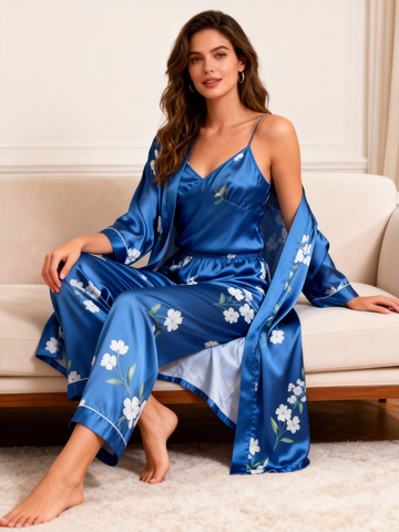 Women’s 3-Piece Satin Pajama Set – Long Robe, Camisole, Pants, Floral Print