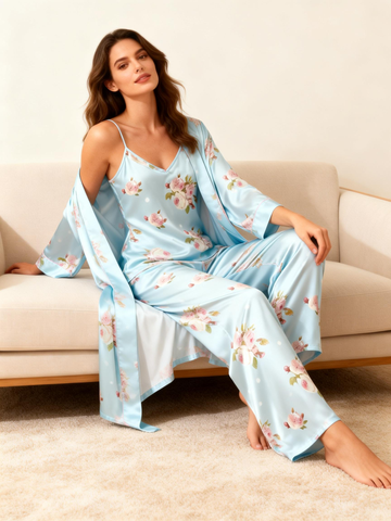 Women’s Satin PJ Set – 3 Pieces Luxury Flower Design