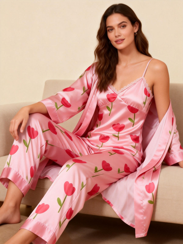 Women's 3-Piece Garden Bloom Satin Lounge Outfit