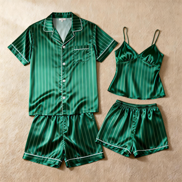 Silky Satin Striped Printed Sleep Set for Couples-Forest Green