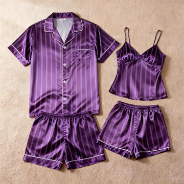 Silky Satin Striped Printed Sleep Set for Couples-Purple