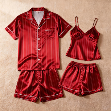 Silky Satin Striped Printed Sleep Set for Couples-Red