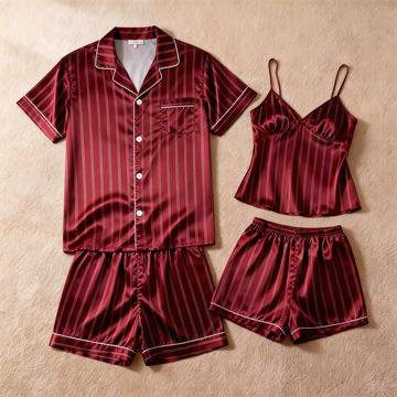 Silky Satin Striped Printed Sleep Set for Couples-Burgundy