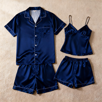 Silky Satin Solid Sleep Set for Couples-Navy