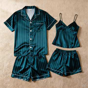 Silky Satin Striped Printed Sleep Set for Couples-Dark Green