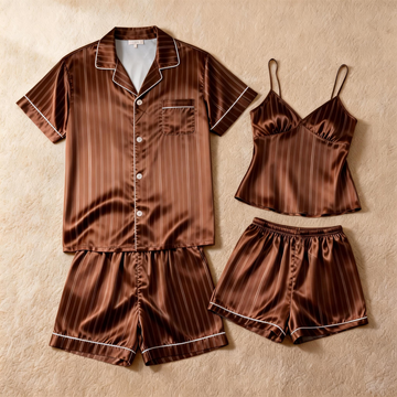 Silky Satin Striped Printed Sleep Set for Couples-Brown