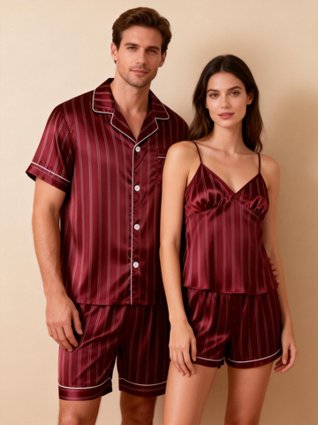 Silky Satin Striped Printed Sleep Set for Couples-Burgundy