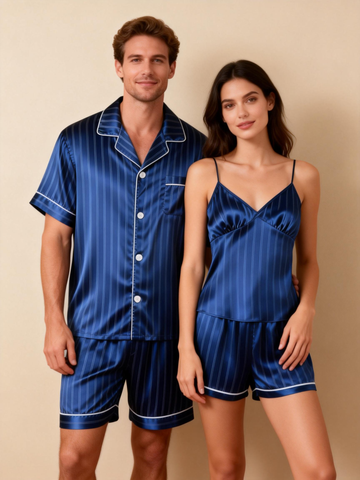 Silky Satin Striped Printed Sleep Set for Couples-Royal