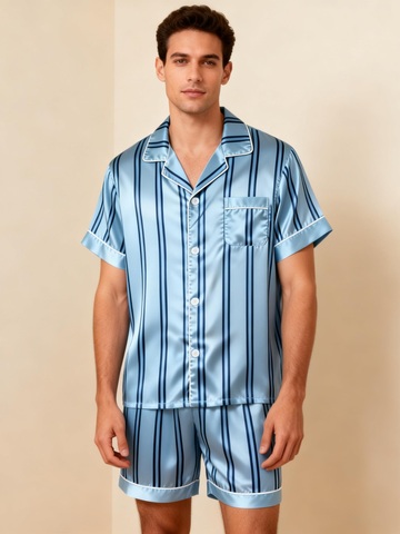 Silky Classic Striped Printed Men Sleepwear Satin Short Pajama Set