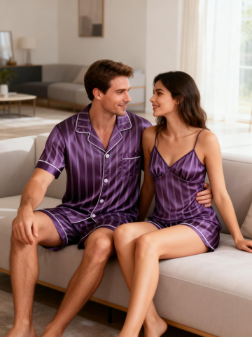 Silky Satin Striped Printed Sleep Set for Couples-Purple